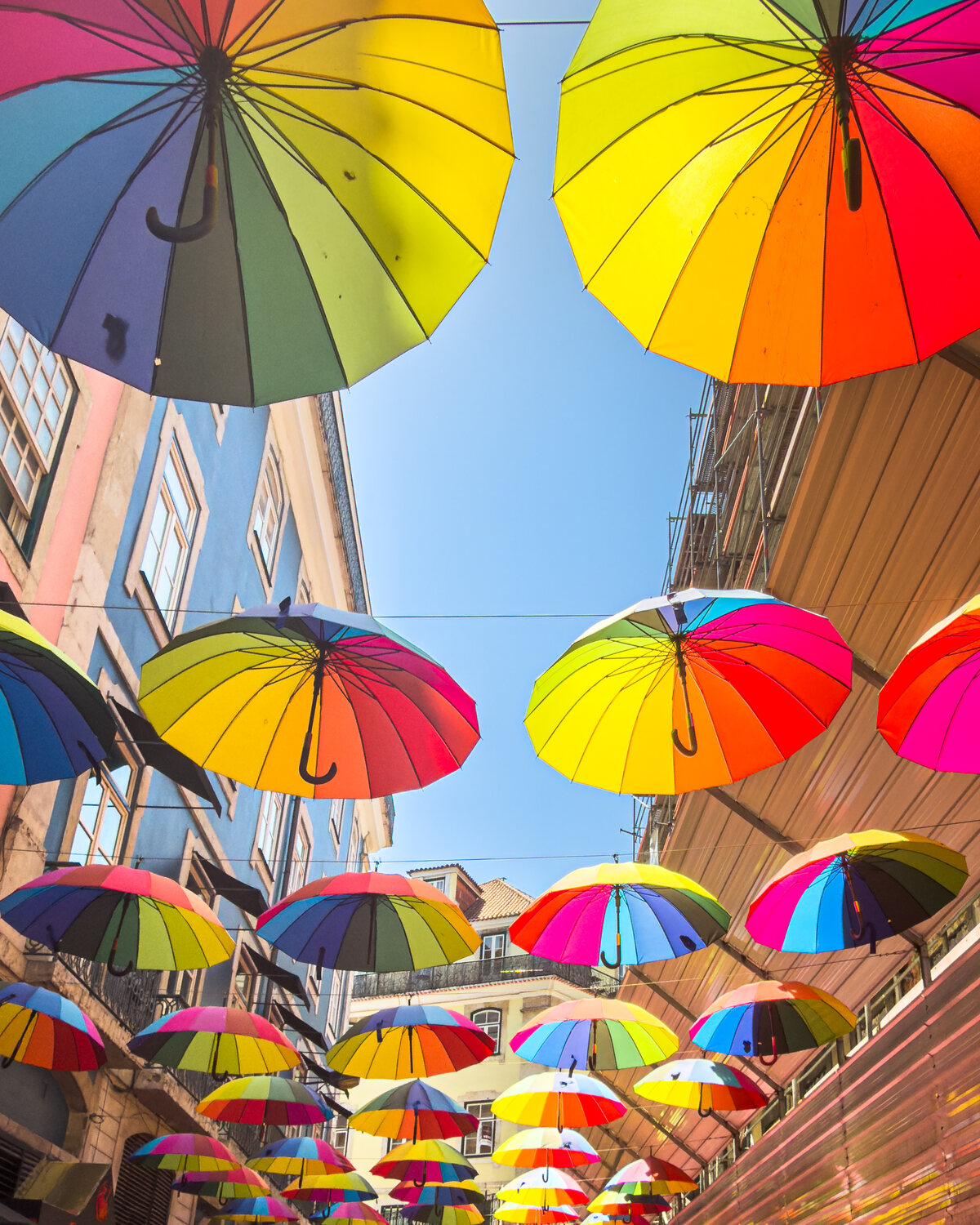 Colorful umbrellas above a Lisbon street