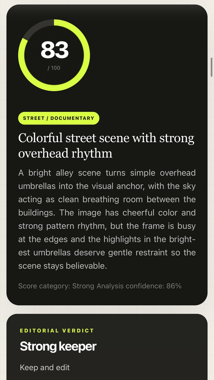 PhotoMind score and verdict screenshot