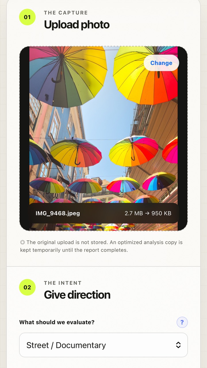 PhotoMind upload step screenshot